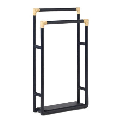 The PIG, Bolzano Towel Rack by Pigeon & Poodle features a black freestanding design with two staggered bars and beige corner accents, bringing subtle coastal style to your bathroom.