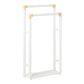 The Bolzano Towel Rack Collection by Pigeon & Poodle features a white freestanding rack with beige corner accents and a rectangular base, bringing coastal charm to your bathroom décor.