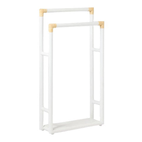 The Bolzano Towel Rack Collection by Pigeon & Poodle features a white freestanding rack with beige corner accents and a rectangular base, bringing coastal charm to your bathroom décor.