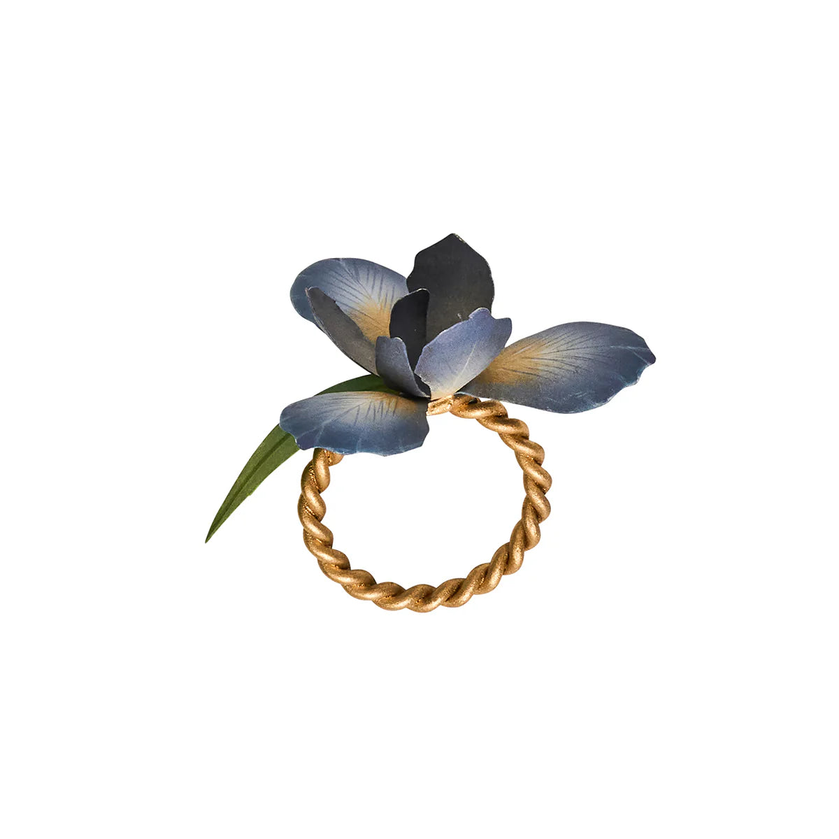The Juliska Meadow Walk Iris Napkin Ring Set features a gold twisted ring with a hand-painted blue and yellow flower and green leaf, perfect for a spring tablescape or to enhance your Iris Napkin Rings collection.