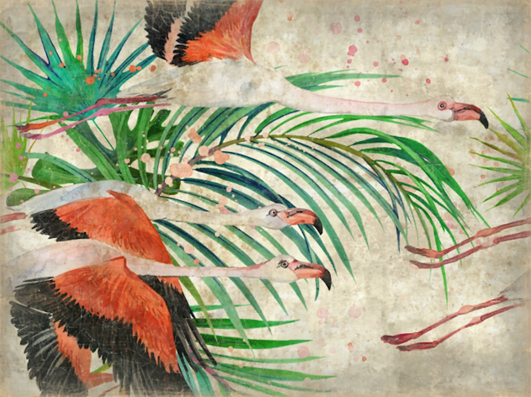Pink Flamingo Art by Tropical Tapestry features four flamingos flying among lush green palm leaves on a textured beige background—an ideal stylish, nature-inspired wall decor piece.