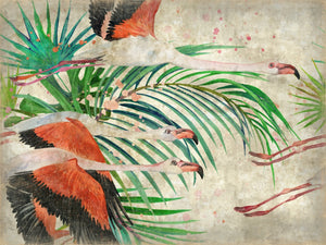 Pink Flamingo Art by Tropical Tapestry features four flamingos flying among lush green palm leaves on a textured beige background—an ideal stylish, nature-inspired wall decor piece.