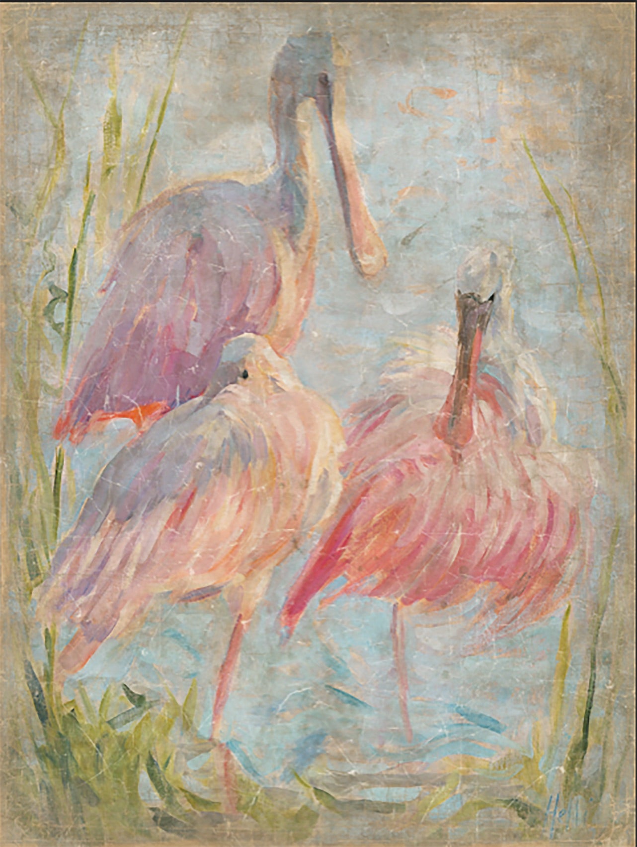 Rosies" by Tropical Tapestry features three roseate spoonbills in pastel pinks, purples, and blues with green reeds—ideal framed wall art to bring a serene vibe to any space.