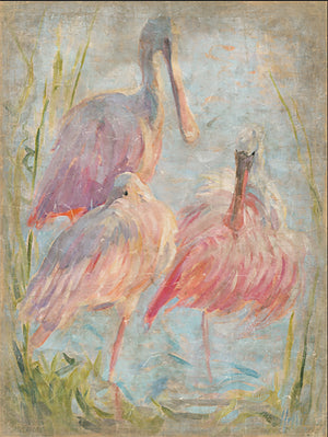 Rosies" by Tropical Tapestry features three roseate spoonbills in pastel pinks, purples, and blues with green reeds—ideal framed wall art to bring a serene vibe to any space.