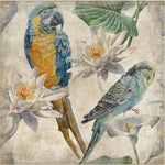 The "Yellow and Blue Macaw" by Tropical Tapestry features a blue-and-yellow parrot and a green parakeet among white water lilies and leaves, creating vivid tropical wall art on a textured background.