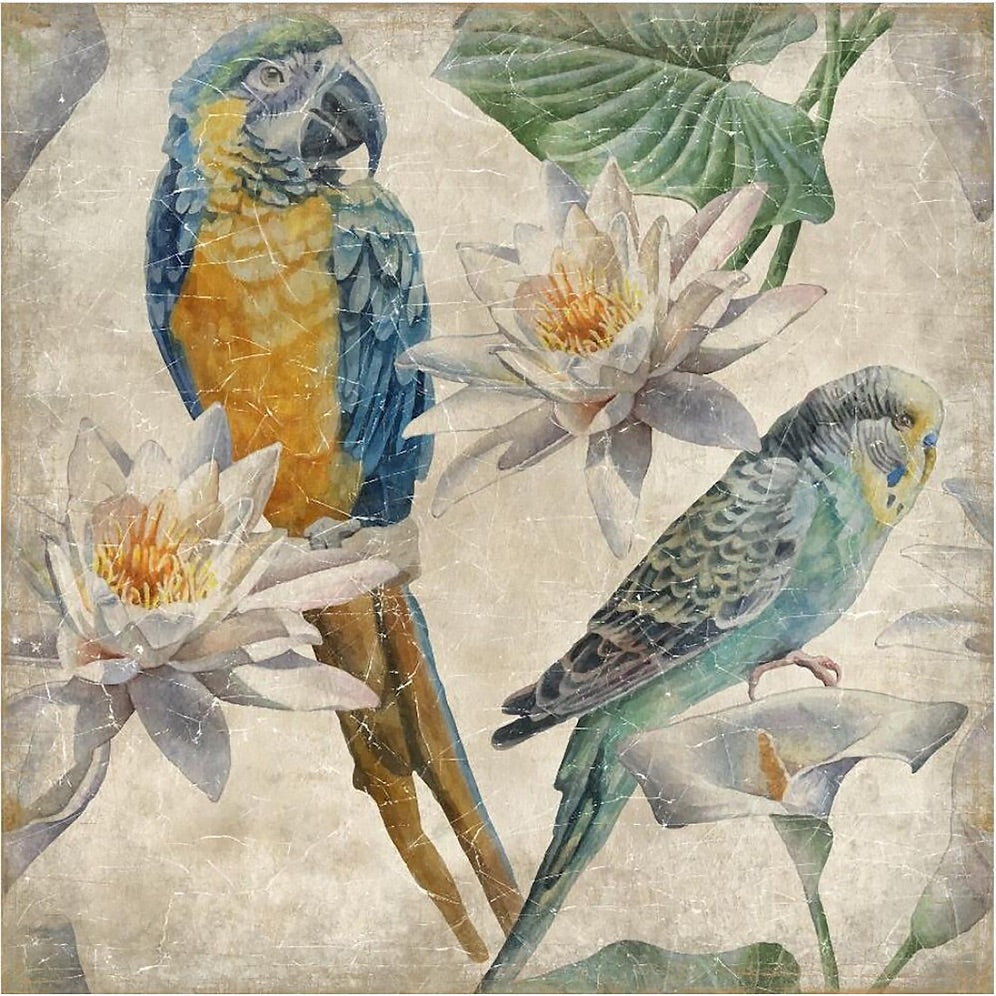 The "Yellow and Blue Macaw" by Tropical Tapestry features a blue-and-yellow parrot and a green parakeet among white water lilies and leaves, creating vivid tropical wall art on a textured background.