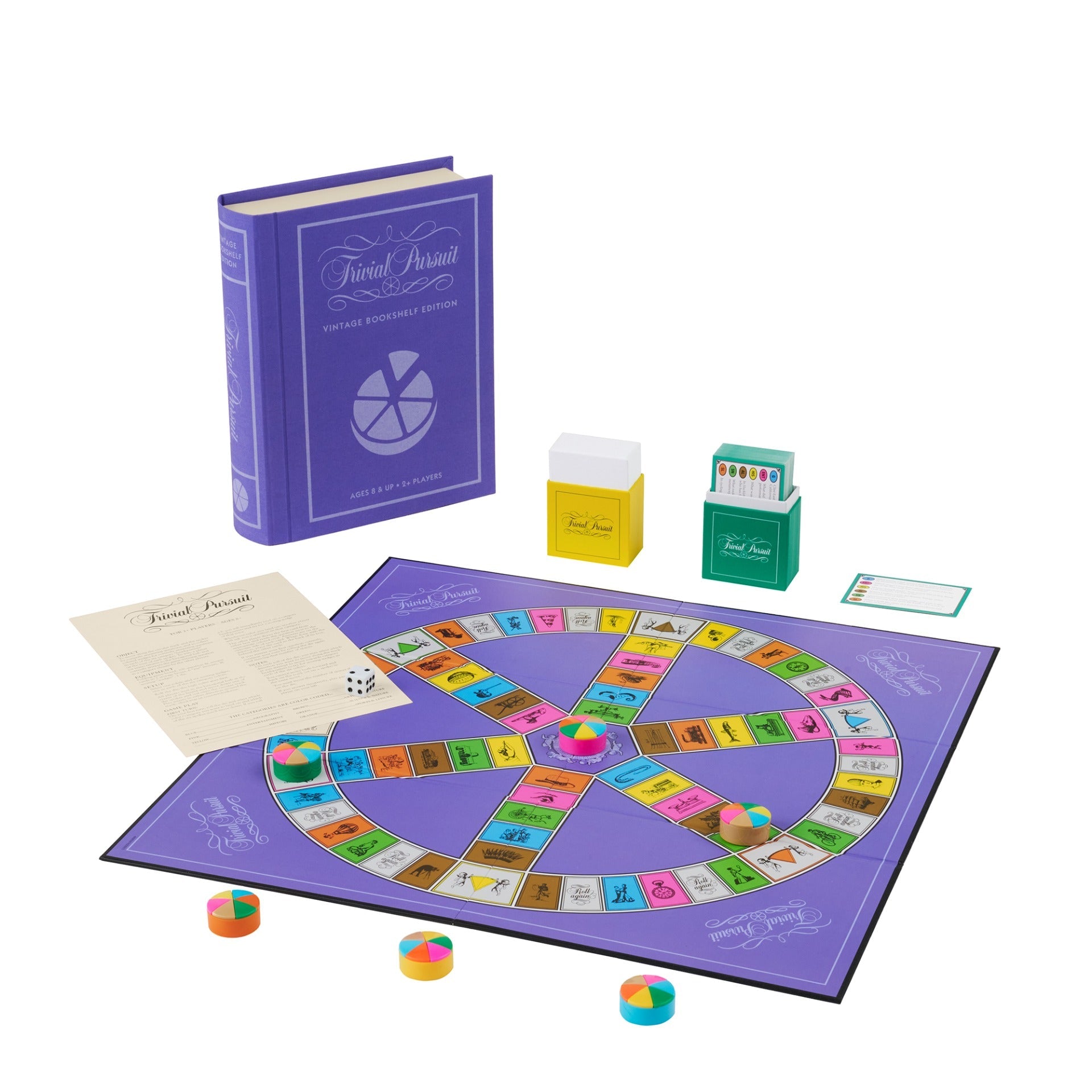 Discover the Trivial Pursuit Vintage Bookshelf Edition by WS Game Company, featuring a purple board, colored pie pieces, cards, a die, and a booklet. Prepare for hours of challenging question-and-answer games that will entertain both you and your friends!