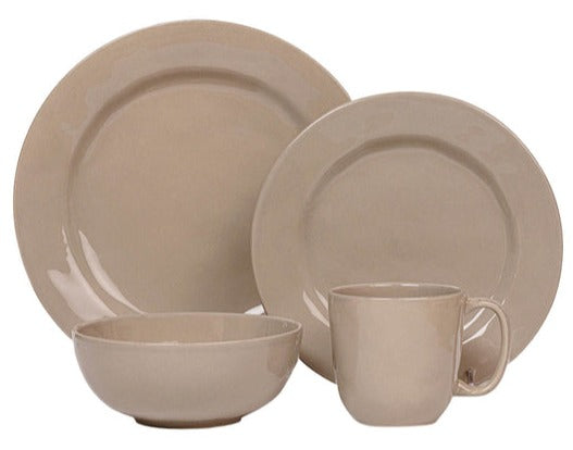 A set of Juliska Puro Taupe Collection dinnerware consisting of two plates, a bowl, and a mug.