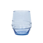 The Amalia Acrylic Collection tumbler by Juliska features a clear blue, slightly tapered silhouette with decorative spiral lines, offering a modern look that's ideal for multipurpose use.