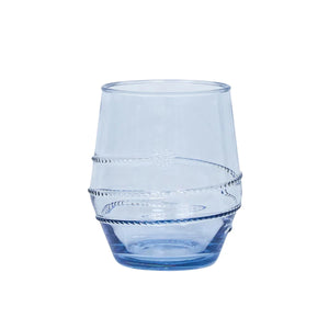 The Amalia Acrylic Collection tumbler by Juliska features a clear blue, slightly tapered silhouette with decorative spiral lines, offering a modern look that's ideal for multipurpose use.
