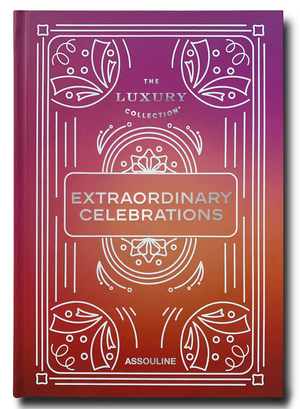 The cover of Assouline's "The Luxury Collection: Extraordinary Celebrations" features an ornate white design against a gradient orange and pink background, inviting readers to immerse in cultural heritage through breathtaking local celebrations.