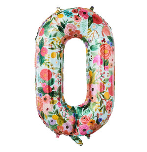 Introducing the Rifle Paper Co. Garden Party Number Balloon by Rifle Paper Co., a balloon shaped like the number zero, adorned with a delightful floral pattern featuring vibrant flowers and lush green leaves. Ideal for adding a touch of elegance to your garden party, this exquisite piece can enhance your floral arrangement or be delivered locally for added convenience.