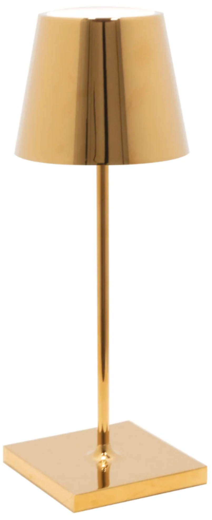 The Zafferano America Poldina Pro Mini Table Lamp features a gold finish, cylindrical stem, conical shade, and square base, providing cordless lighting for flexible indoor or outdoor use.