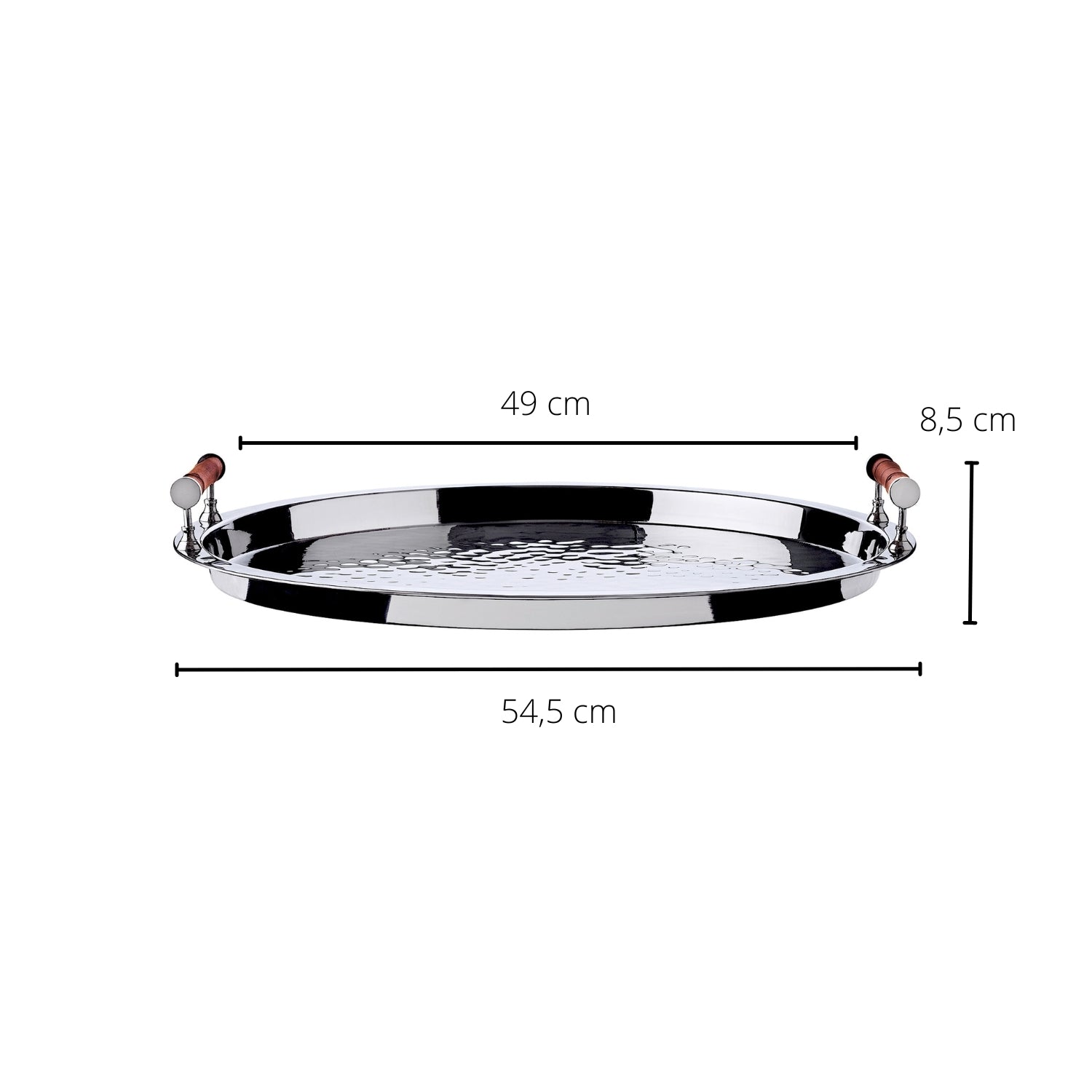 The ezrad Bamboo and Stainless Steel Decor Collection features an oval metal serving tray with bamboo handles, measuring 49 cm wide, 54.5 cm long, and 8.5 cm high for modern, stylish serving.
