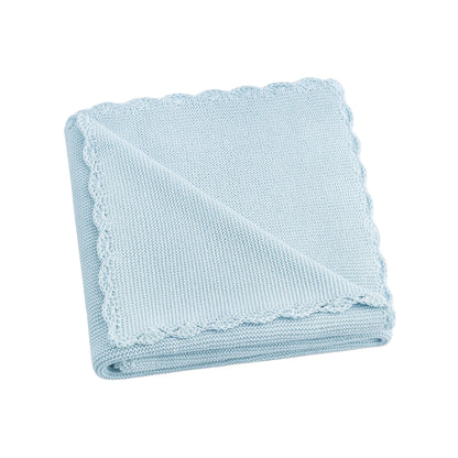 The Gooselings Cotton Knit Baby Blanket in light blue, made from 100% cotton with scalloped edges, is folded and shown on a white background—an ideal soft addition to any nursery.