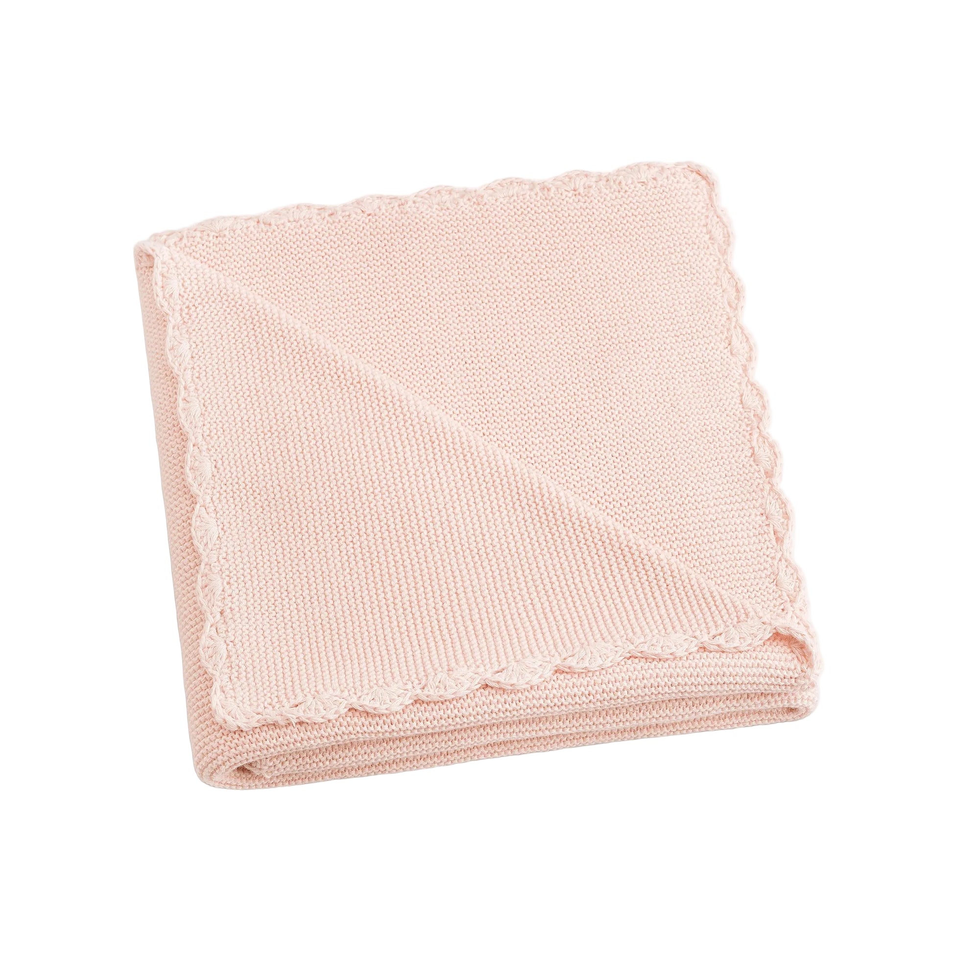 The Gooselings Cotton Knit Baby Blanket, in light pink 100% cotton with scalloped edges, is displayed folded against a white background—an ideal soft accent for any nursery.