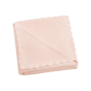 The Gooselings Cotton Knit Baby Blanket, in light pink 100% cotton with scalloped edges, is displayed folded against a white background—an ideal soft accent for any nursery.