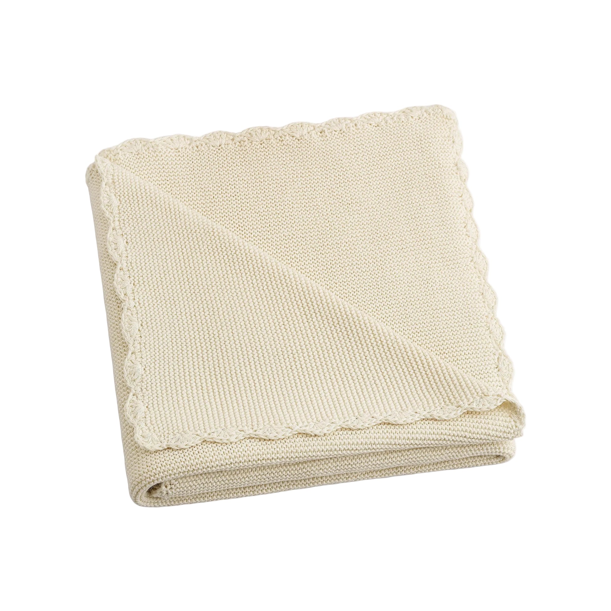 The Gooselings Cotton Knit Baby Blanket, 100% cotton in cream with scalloped edges, is folded and displayed on a white background—perfect for adding cozy comfort to any nursery.