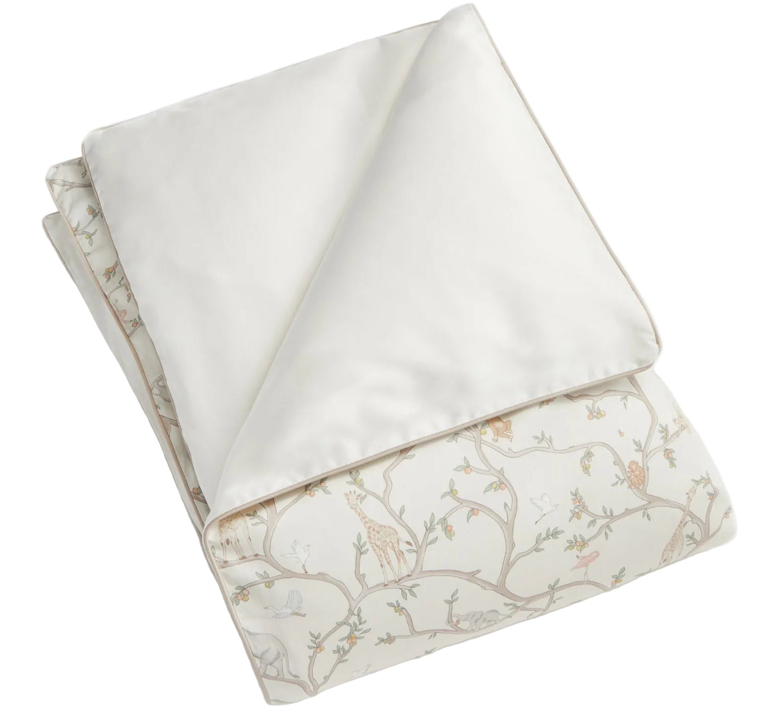The Gooselings Animal Parade Ivory Toddler Duvet is a folded, lightweight duvet with a white top and pastel animal-and-tree patterned underside—ideal as a toddler duvet or down insert.