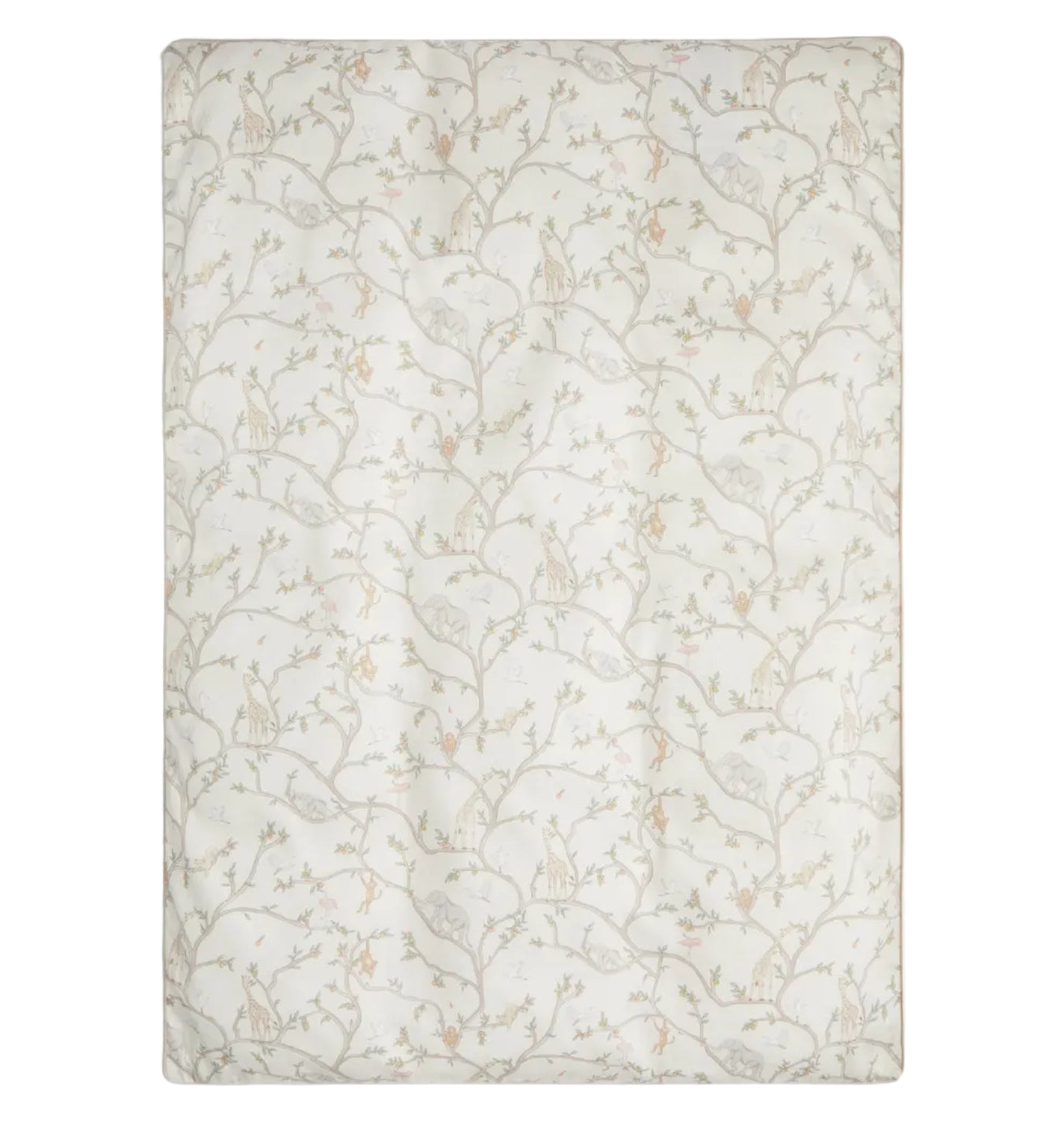 The Gooselings Animal Parade Ivory Toddler Duvet is a lightweight, rectangular duvet with a subtle bird and tree branch pattern on an ivory background.