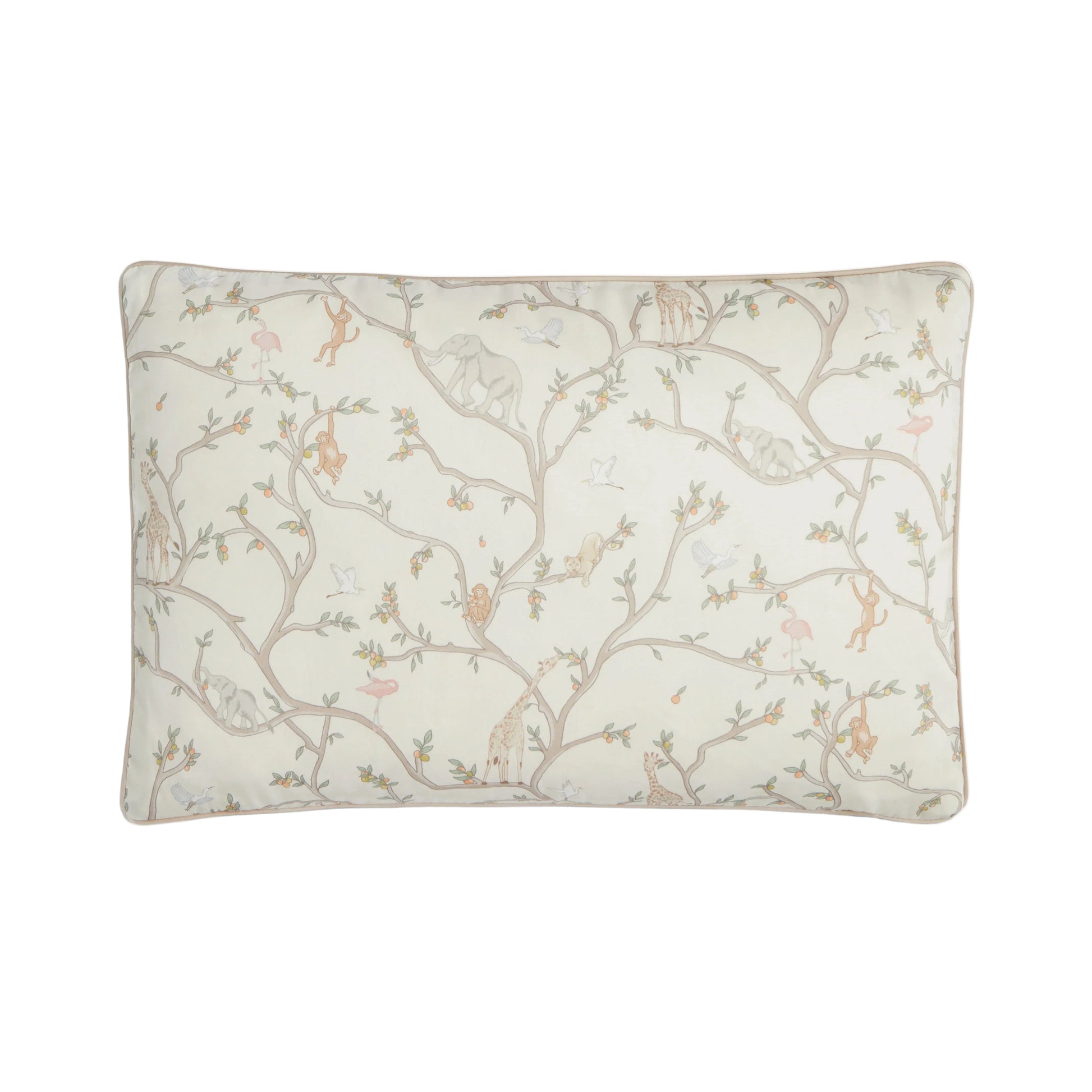 The Animal Parade Ivory Bedding Collection by Gooselings features a rectangular kids pillow with a light cover adorned with illustrated branches, birds, and animals in soft tones—ideal for cozy children's bedding and sweet dreams.