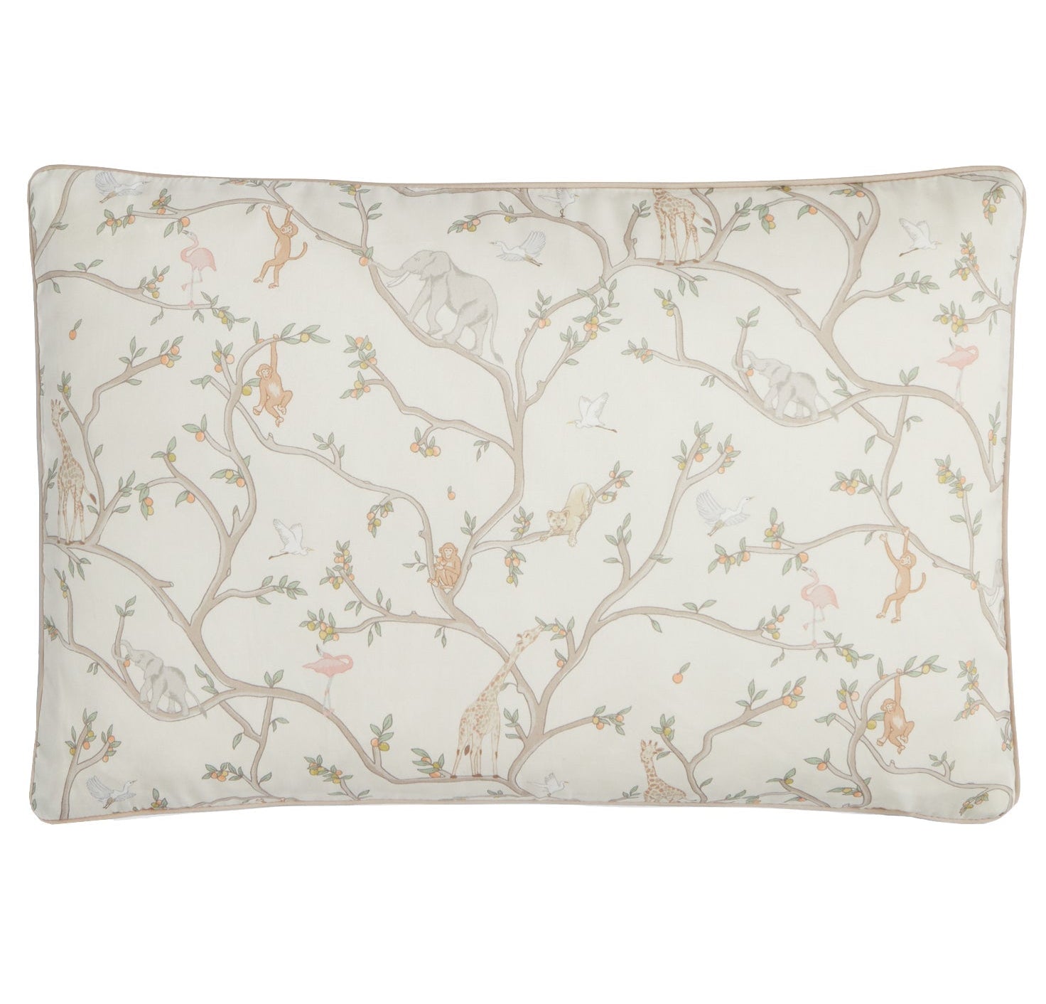 The Gooselings Animal Parade Ivory Toddler Pillow features a light beige cover with tree branches, birds, and animals like monkeys, elephants, and giraffes in soft colors—perfect for kids' bedding.