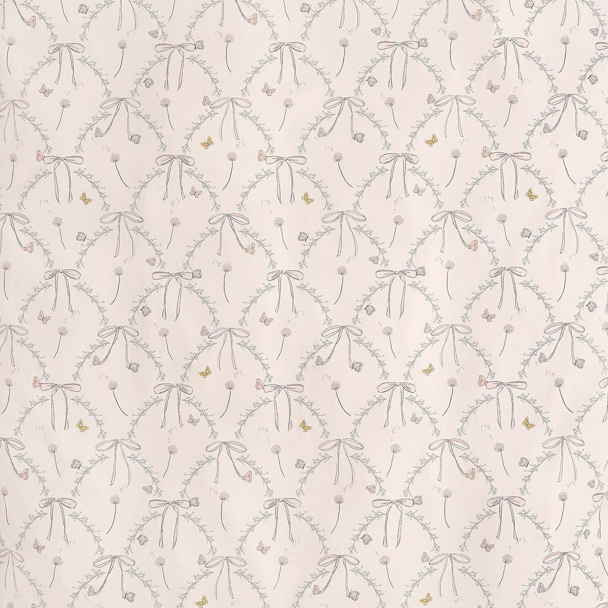 Gooselings’ Bows & Butterfly Kisses Bedding Collection showcases a charming repeating wallpaper pattern with delicate bows, spoons, and petite floral accents in soft pastel hues on a light beige background—an ideal design to inspire a gentle, cozy atmosphere that pairs perfectly with this toxin-free, OEKO-TEX certified breathable baby bedding.