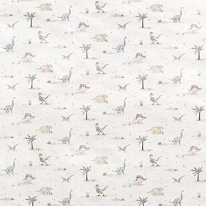 Introducing the Dino Dreams Bedding Collection by Gooselings—bedding adorned with charming dinosaurs, palm trees, and subtle prehistoric plants in soothing earth tones on a light background, crafted from pure materials for a gentle and timeless aesthetic.