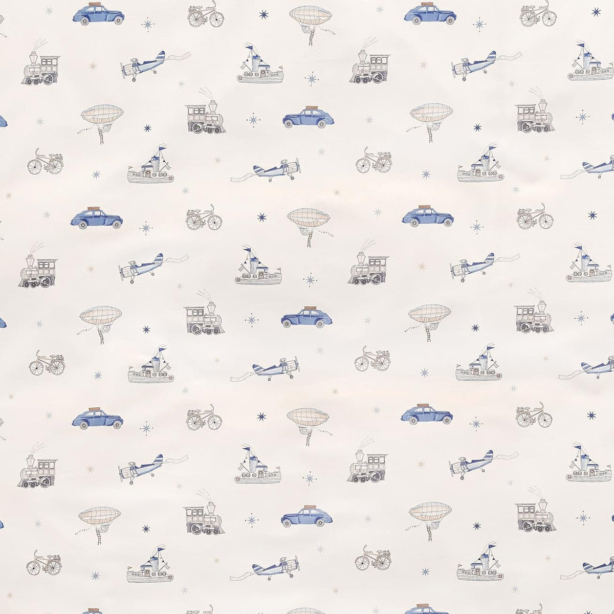 Introducing the Transit Treasures Bedding Collection by Gooselings, featuring patterned fabric with charming illustrations of vintage cars, bicycles, airplanes, hot air balloons, ships, and small stars in blue and gray on a crisp white background. Expertly crafted from pure materials that are OEKO-TEX certified for your peace of mind.