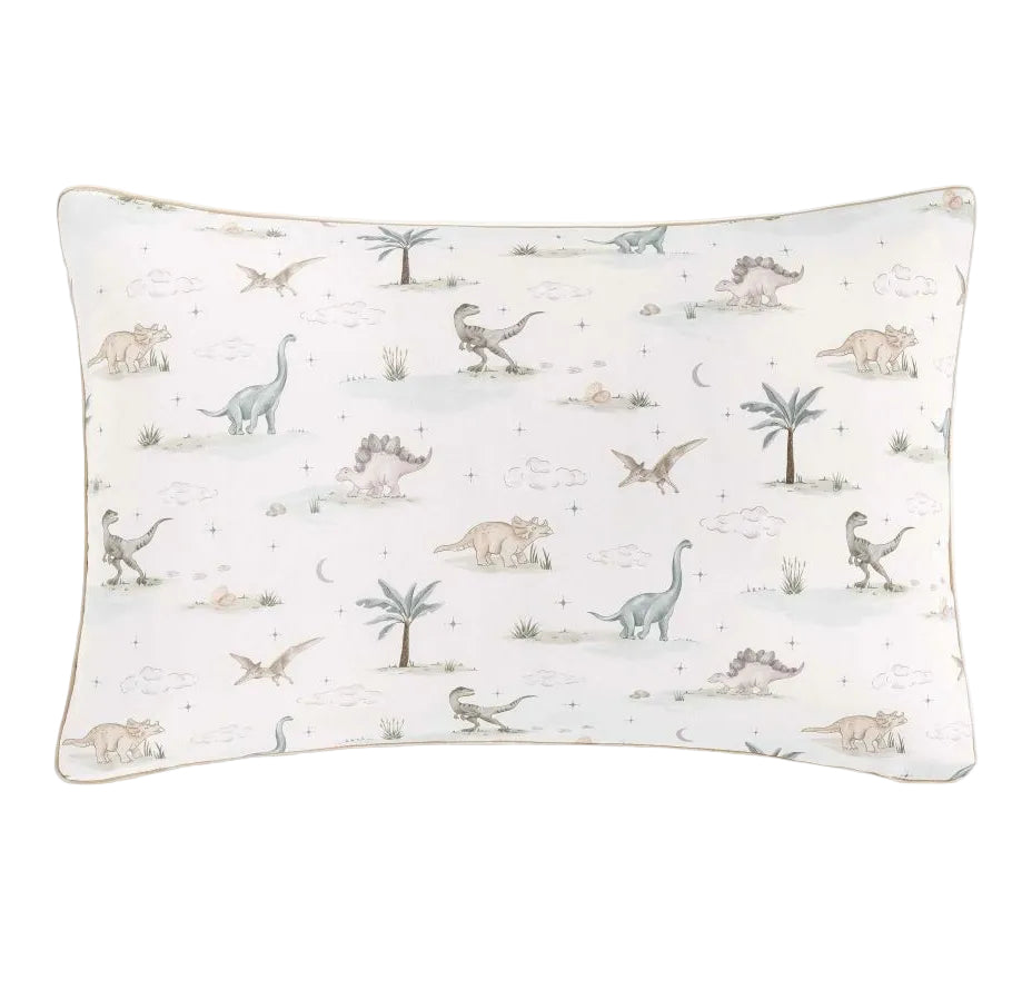 The Gooselings Dino Dreams Toddler Pillow features a white background with pastel dinosaurs, palm trees, and clouds—ideal for cozy bedtime.