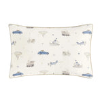 The Gooselings Transit Treasures Toddler Pillow features a white background decorated with vintage cars, bicycles, airplanes, trains, and hot air balloons in blue and beige—perfect for your child's sweet dreams.