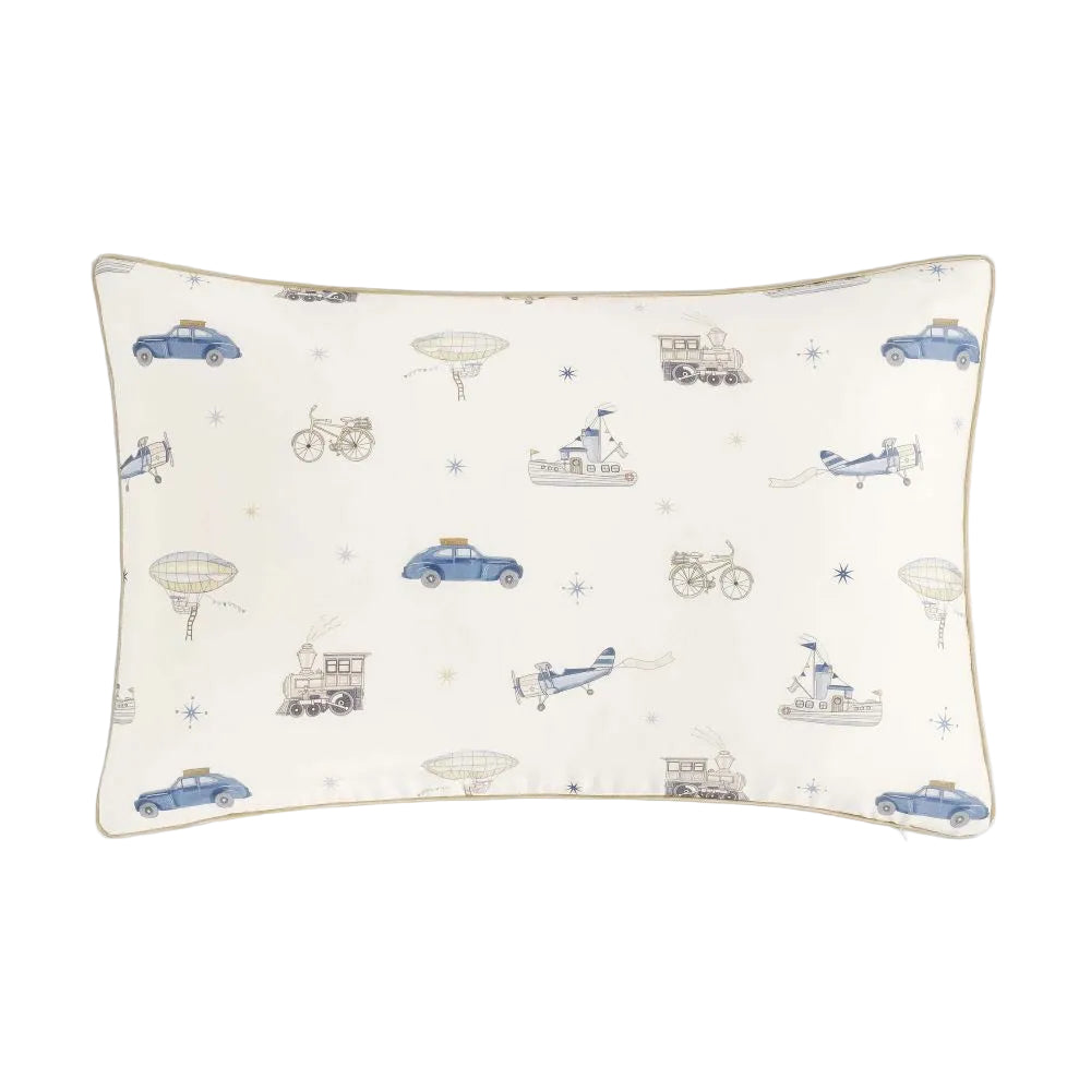 The Gooselings Transit Treasures Toddler Pillow features a white background decorated with vintage cars, bicycles, airplanes, trains, and hot air balloons in blue and beige—perfect for your child's sweet dreams.