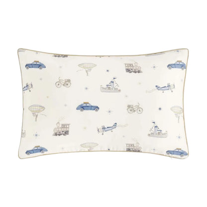 The Gooselings Transit Treasures Toddler Pillow features a white background decorated with vintage cars, bicycles, airplanes, trains, and hot air balloons in blue and beige—perfect for your child's sweet dreams.