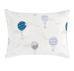Experience the Gooselings Touch the Sky Bedding Collection: a pure white pillow decorated with blue, light blue, and gray hot air balloons, tiny clouds, and yellow stars. Crafted from OEKO-TEX certified materials for peace of mind, it’s pictured here against a plain white background.