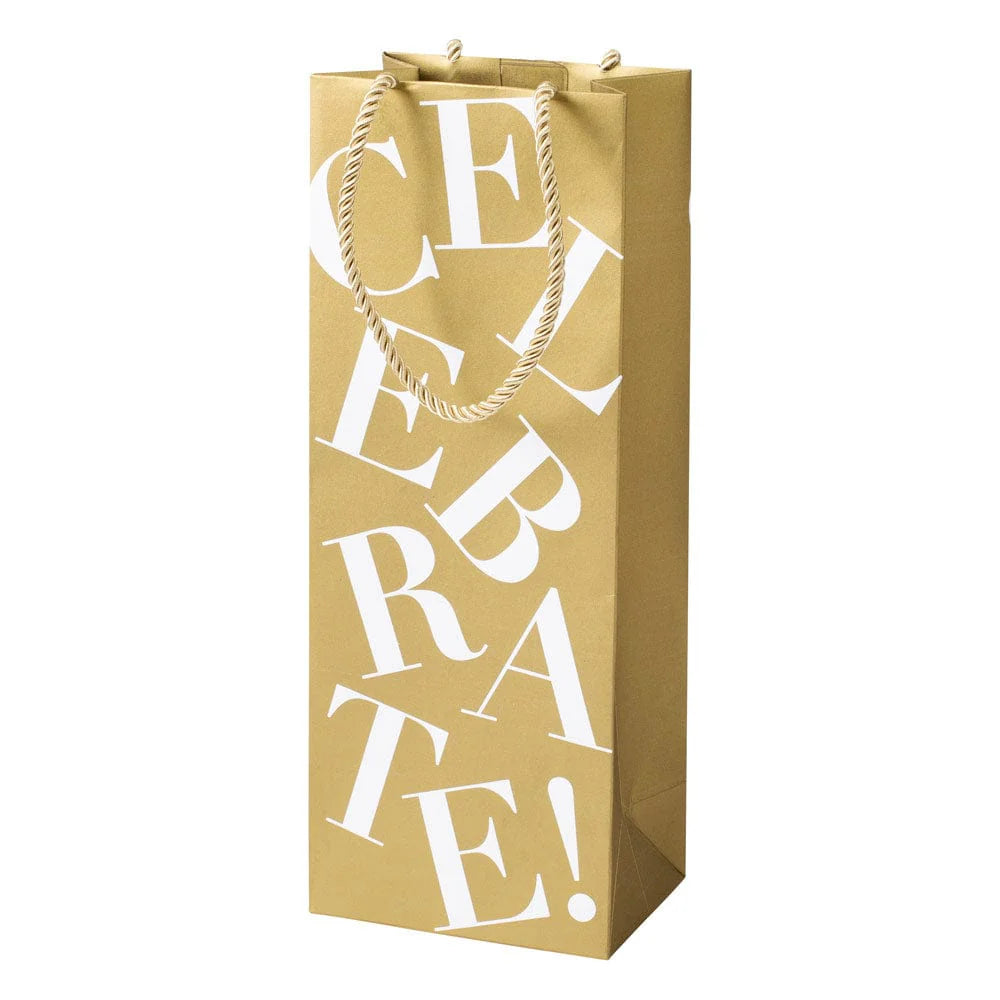 The Caspari Celebrate Bottle Bag features an exceptional gold design with white "CELEBRATE!" lettering and sturdy white twisted cord handles.