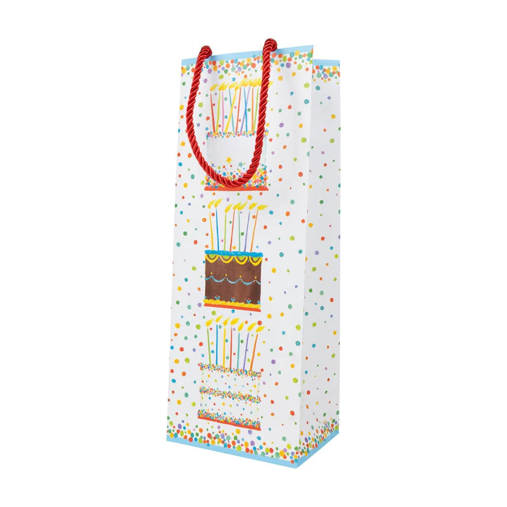 The Caspari Birthday Cake Collection tall gift bag features a festive cake and candles design, colorful confetti dots, and red rope handles—ideal for pairing with other party supplies at your next celebration.