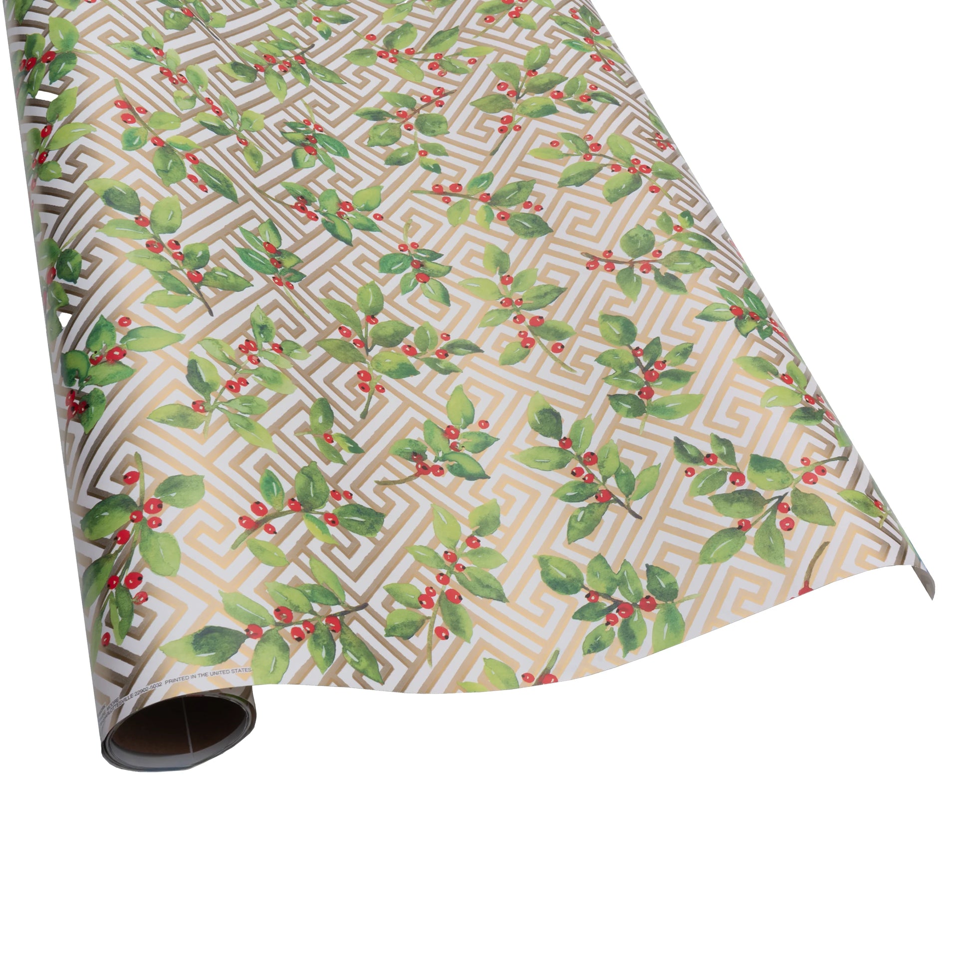 Caspari’s Holly and Fretwork White Collection wrapping paper features green holly and red berries over a gold geometric background—perfect for festive celebrations and pairing with decorative paper plates.