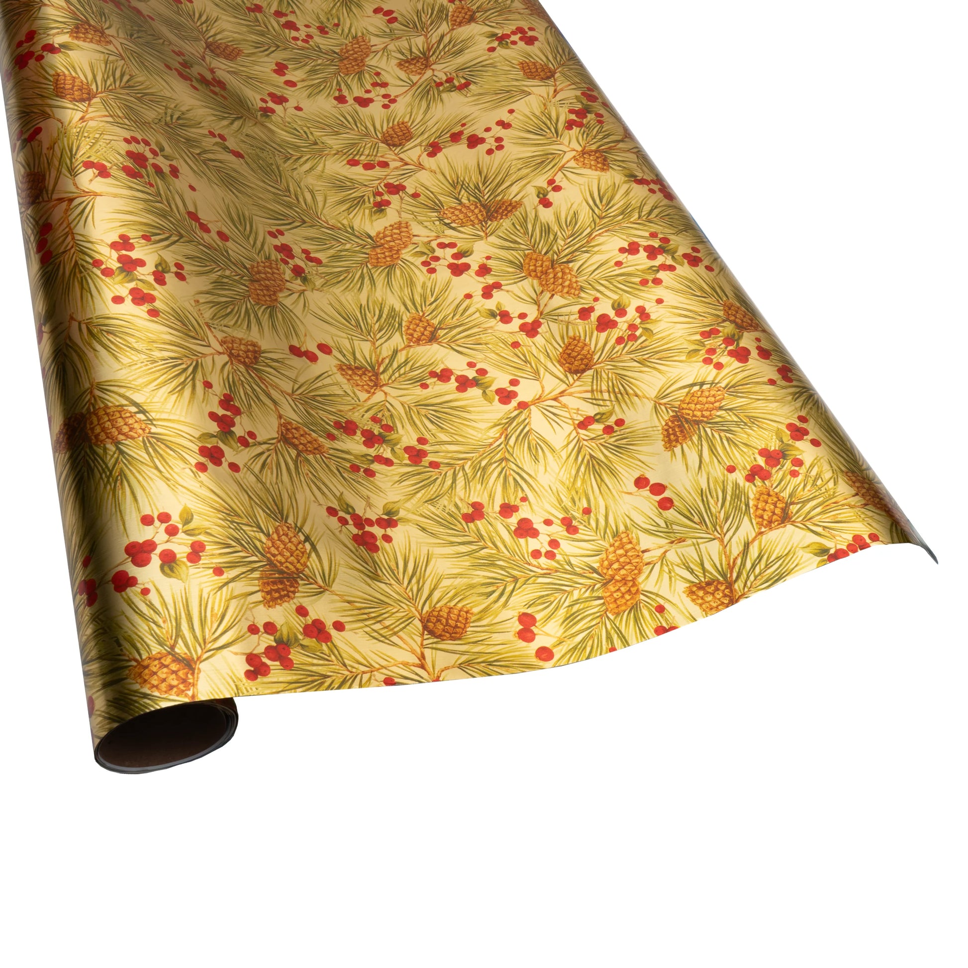 The Caspari Evergreen and Berries Gold Collection wrapping paper features a pinecone, pine needle, and red berry design—ideal for pairing with festive disposable plates or holiday tableware.