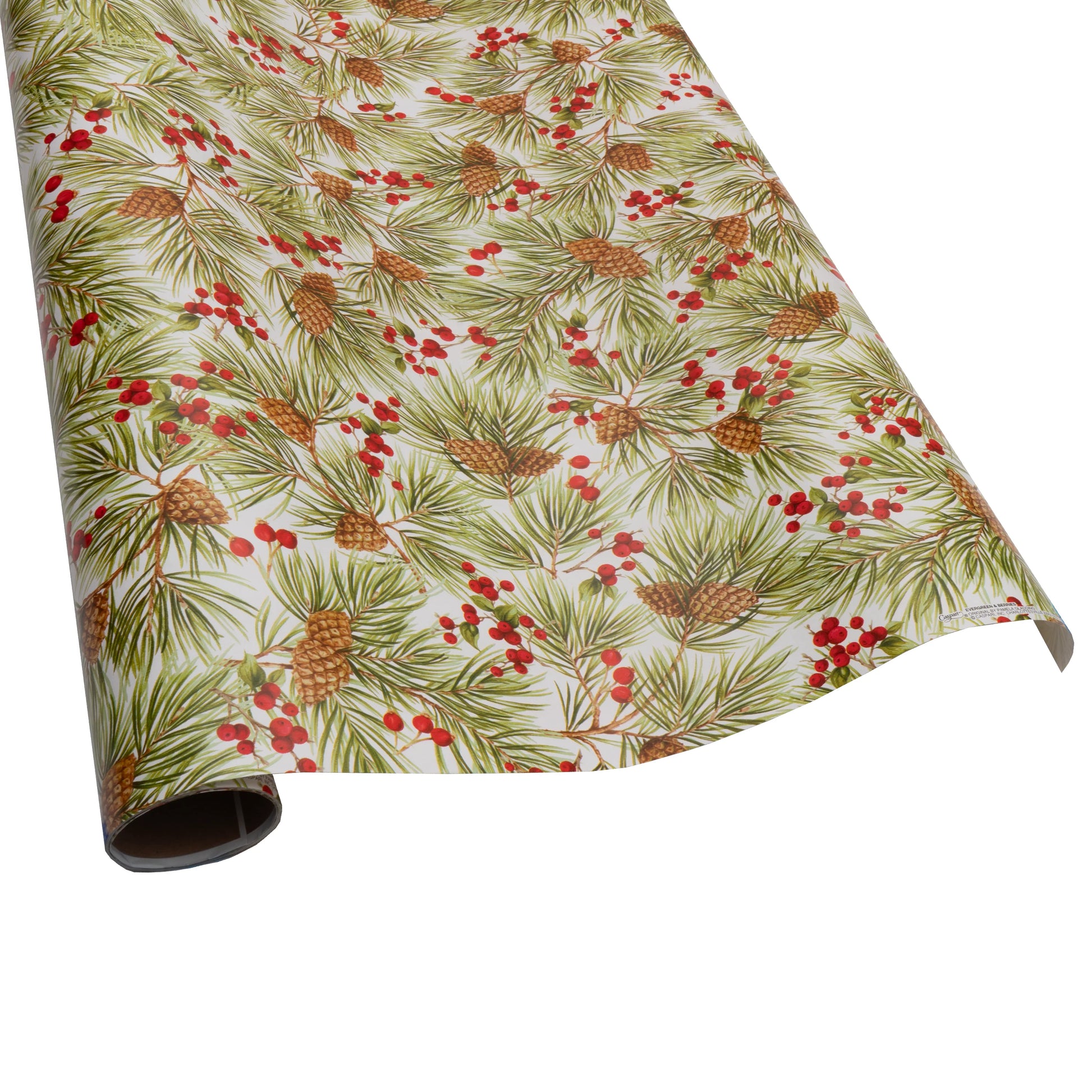 The Caspari Evergreen and Berries White Collection wrapping paper features festive pine cones, needles, and red berries on white—perfect for pairing with holiday-themed or decorative disposable plates.