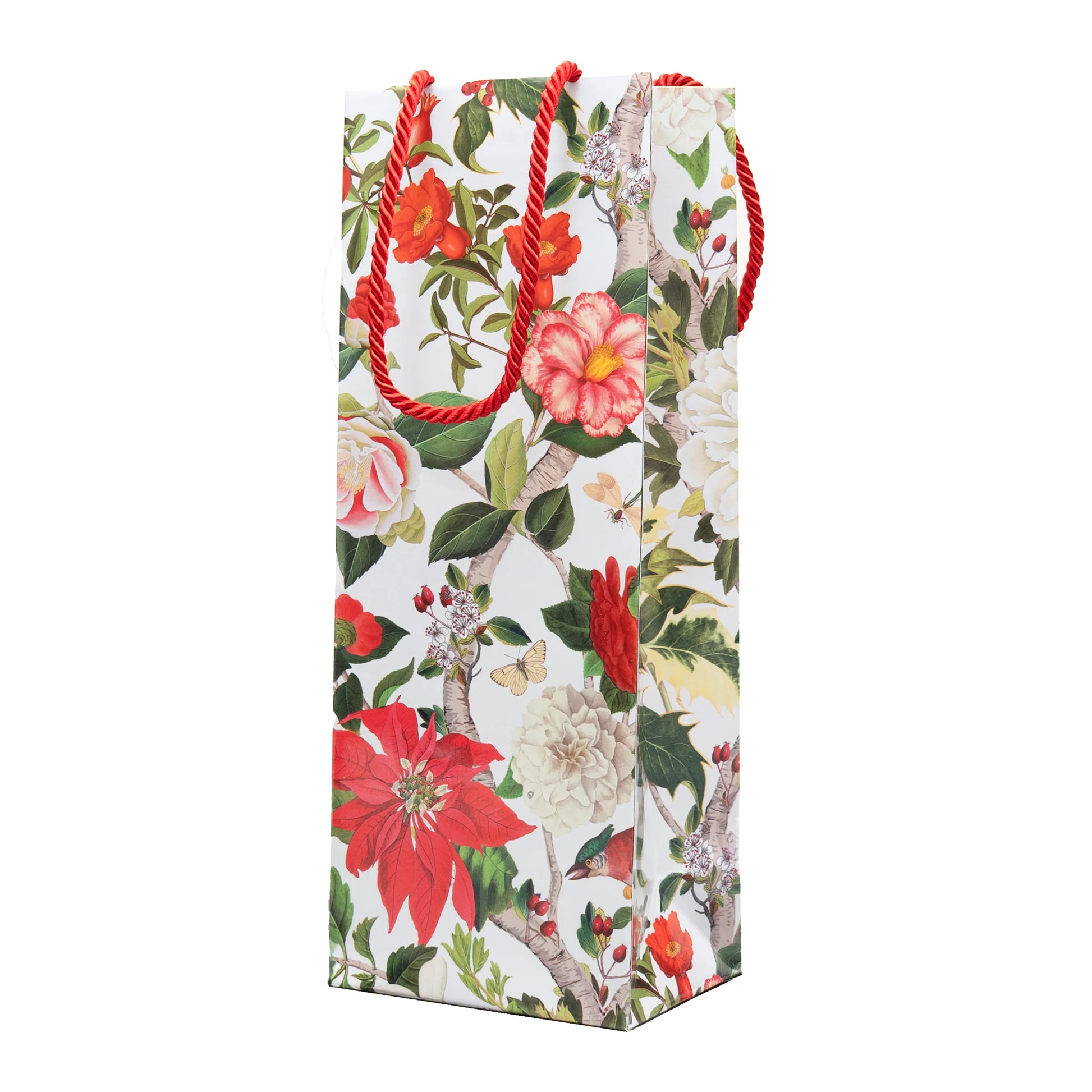 The Caspari Christmas Chinoiserie White Collection gift bag features red rope handles and a vibrant floral and green leaf design on white—ideal for matching with party plates or other disposable tableware.