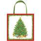 The Caspari Christmas Tree Collection gift bag features a festive tree with ornaments and presents, a red and green garland border, and green handles—a perfect addition to your holiday gift supplies.