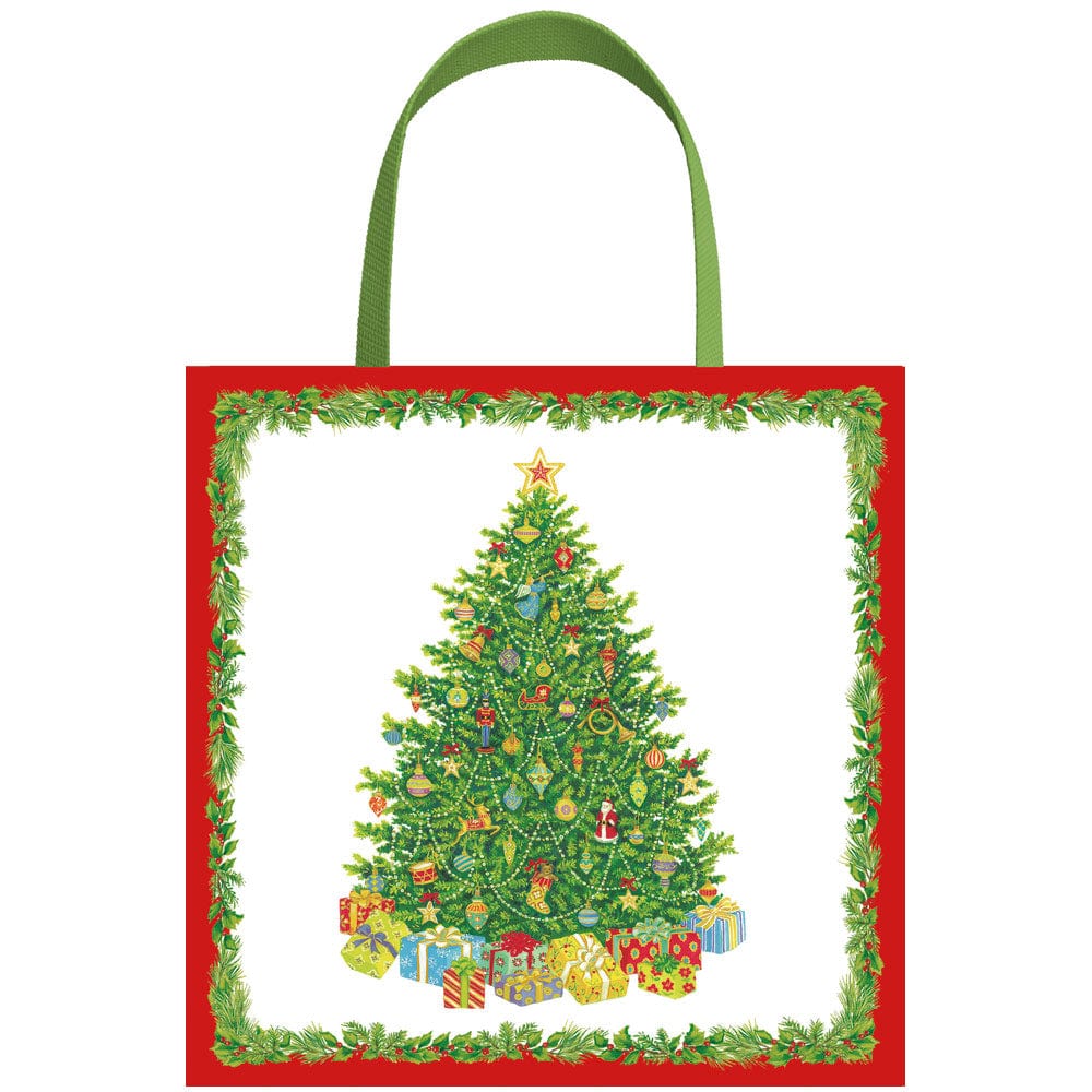 The Caspari Christmas Tree Collection gift bag features a festive tree with ornaments and presents, a red and green garland border, and green handles—a perfect addition to your holiday gift supplies.