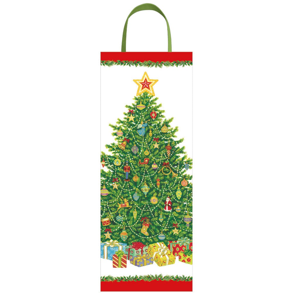 The Caspari Christmas Tree Collection gift bag features a decorated tree with ornaments, a star on top, wrapped presents below, and a green handle—perfect for your holiday gifting needs.