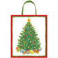 The Caspari Christmas Tree Collection gift bag features a decorated tree with a star, wrapped presents, a red border, and a green handle—an elegant choice for your holiday gifting needs.