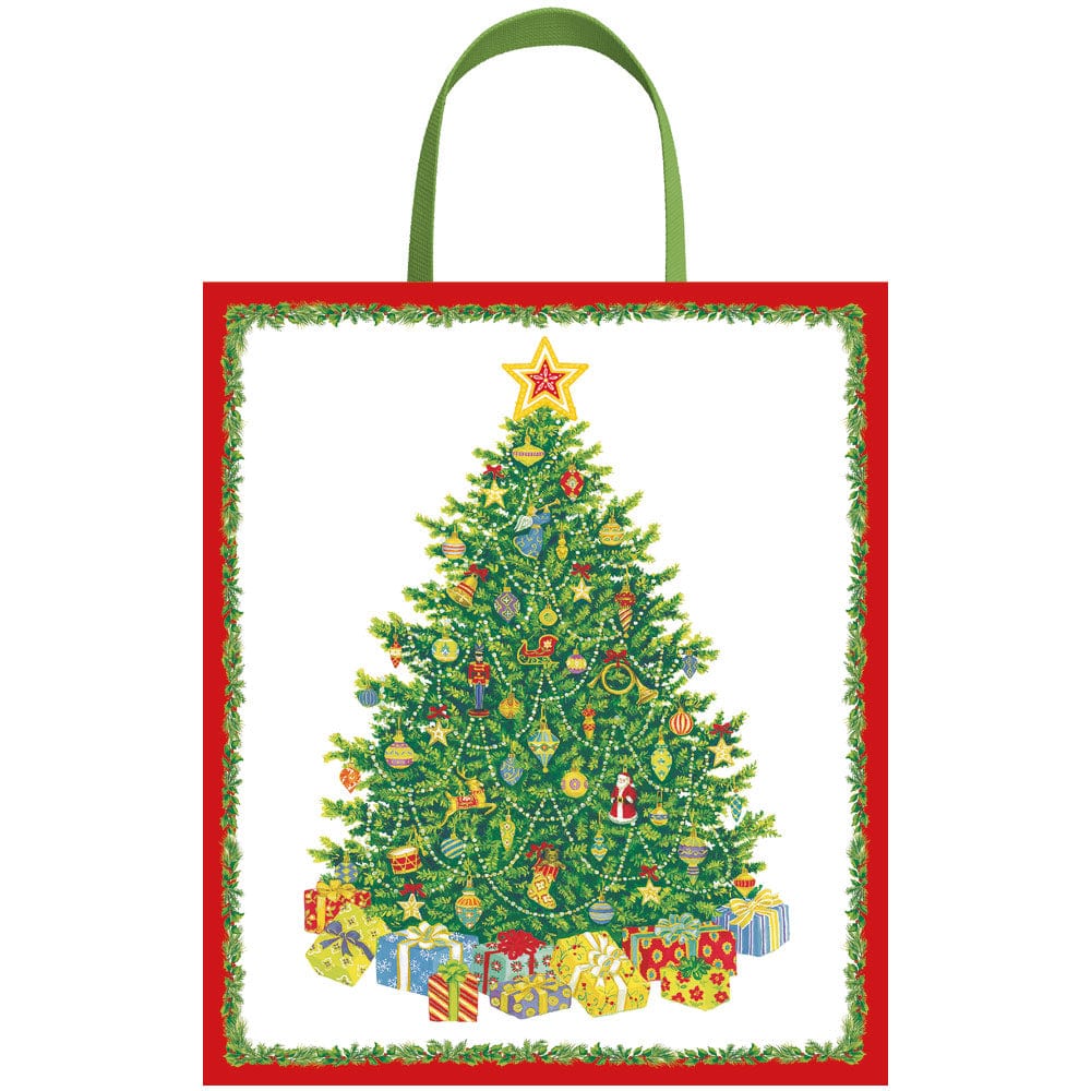 The Caspari Christmas Tree Collection gift bag features a decorated tree with a star, wrapped presents, a red border, and a green handle—an elegant choice for your holiday gifting needs.
