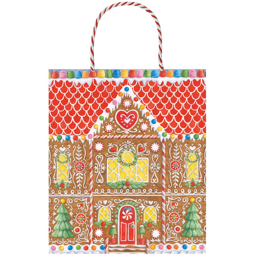 The Gingerbread House Collection gift bags by Caspari feature a festive gingerbread house, candy accents, two Christmas trees, and a red and white twisted handle—perfect for decorative holiday gifting.