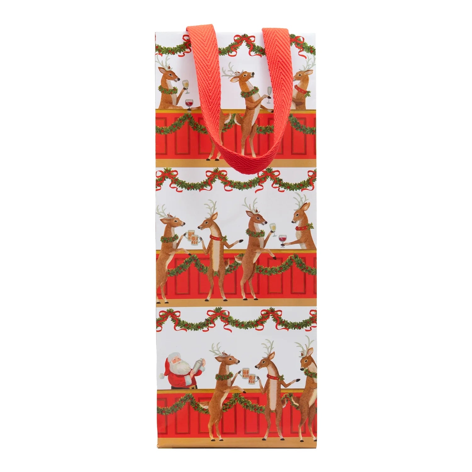 The Caspari Santa Bar Bottle Bag is a festive, heavy-duty paper gift bag with red handles, featuring a unique design of reindeer and Santa Claus at a garland-adorned bar.