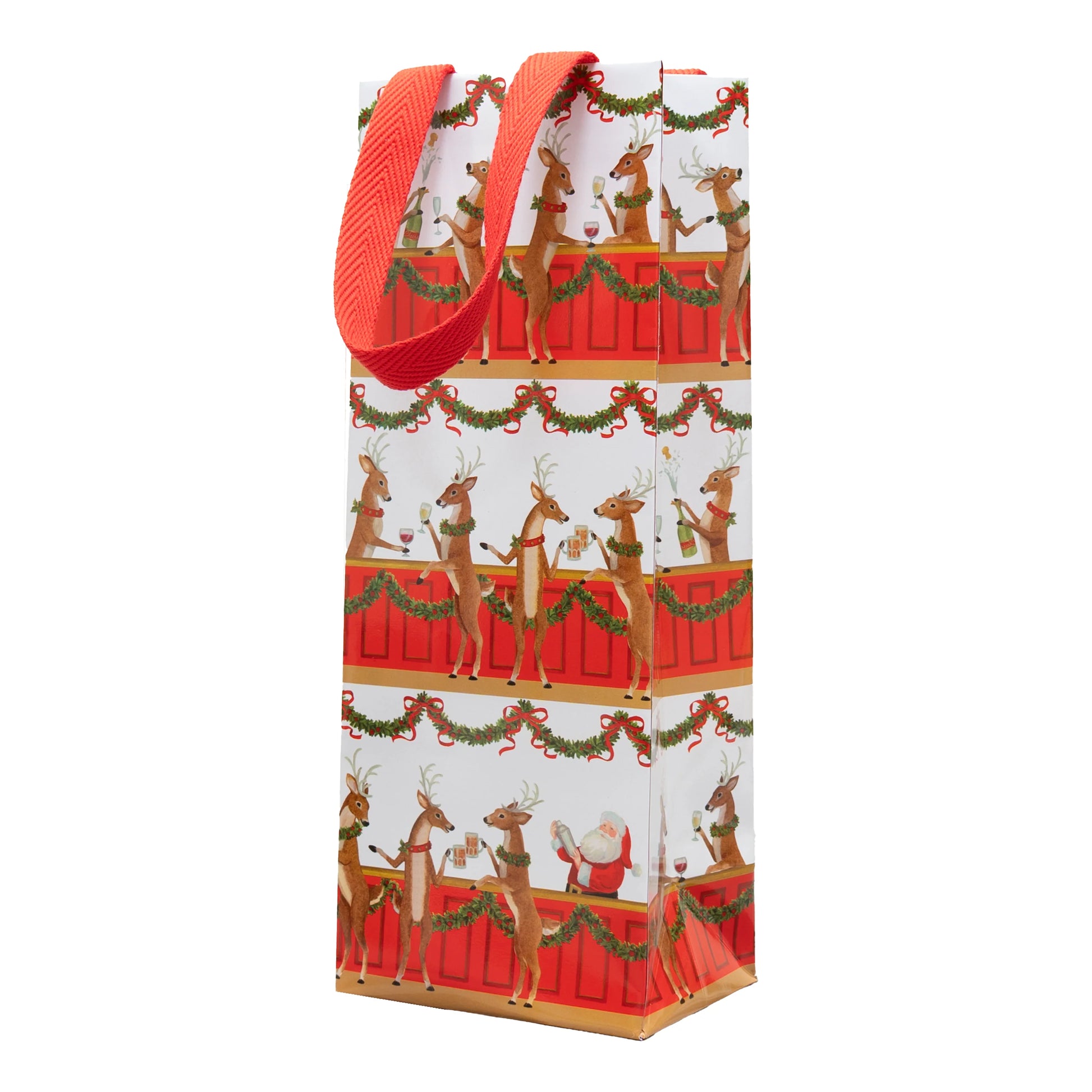 The Caspari Santa Bar Bottle Bag is a festive gift bag with red handles, made from heavy-duty paper and featuring unique illustrations of reindeer and Santa Claus at a decorated holiday bar.