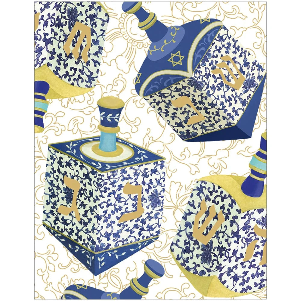 Add a festive touch to your Hanukkah holiday gifts with Caspari’s Patterned Dreidel Collection—illustrated blue-and-gold dreidels adorned with ornate patterns and Hebrew letters, set against an elegant floral white and gold background.