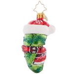 The Christopher Radko Chilly Christmas Pickle Gem Ornament features a festive glass pickle with a Santa hat and red snowflake scarf—perfect for adding fun to your holiday pickle-hunt tradition.